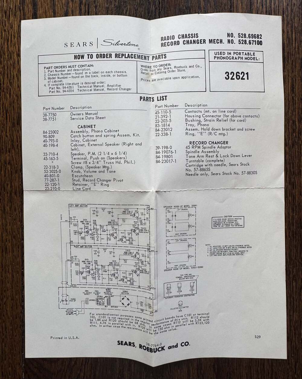 VINTAGE 60s 8.5x11 Sears Silvertone Model 32621 Schematic and Parts List Manual